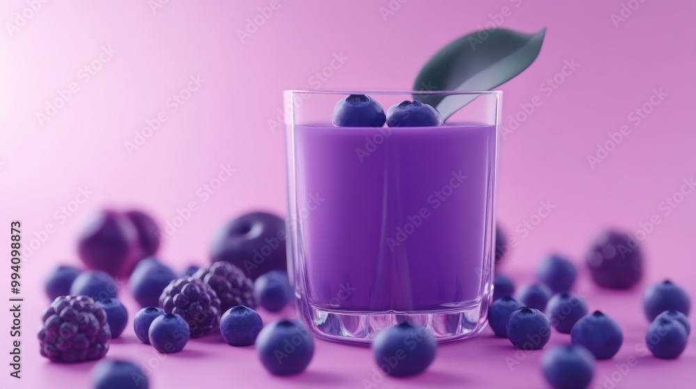 A vibrant purple drink garnished with berries and a leaf, set against a pink background. A vibrant purple drink garnished with berries and a leaf, set against a pink background.