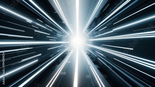 Futuristic graphic depicting light beams converging towards a bright center  evoking a sense of speed and technological innovation.