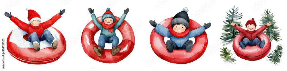 Children enjoying winter fun, sledding on inflatable tubes, vibrant colors, white isolate background. transparent background Children enjoying winter fun, sledding on inflatable tubes, vibrant colors, white isolate background. transparent background