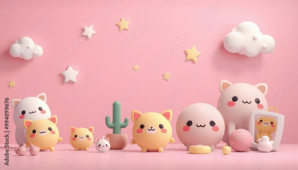 Cute cartoon characters on pink background. Cute cartoon characters on pink background.