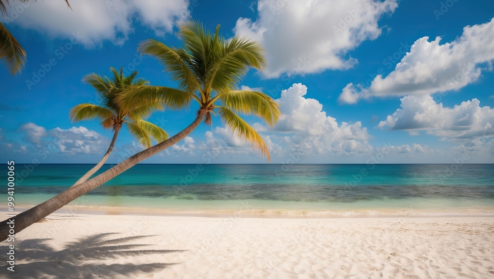 Tropical beach scene with swaying palm trees, clear blue ocean, and sandy shore evokes serenity and relaxation for ideal vacation destination. Tropical beach scene with swaying palm trees, clear blue ocean, and sandy shore evokes serenity and relaxation for ideal vacation destination.