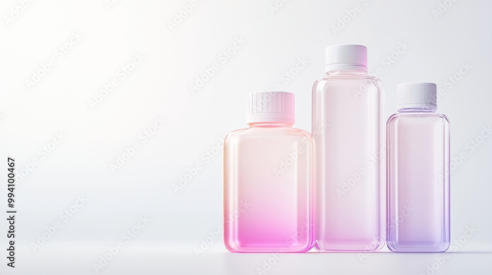 Three gradient bottles standing on a white background, reflecting modern design and elegance. Three gradient bottles standing on a white background, reflecting modern design and elegance.
