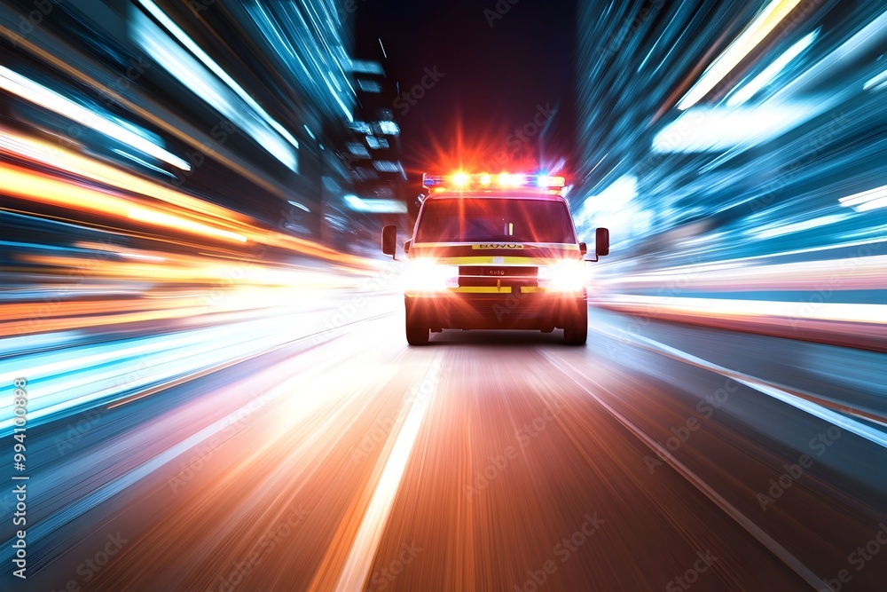 Speeding Ambulance Rushing to Respond to Emergency Medical Call in Blurred City Nightscape Speeding Ambulance Rushing to Respond to Emergency Medical Call in Blurred City Nightscape