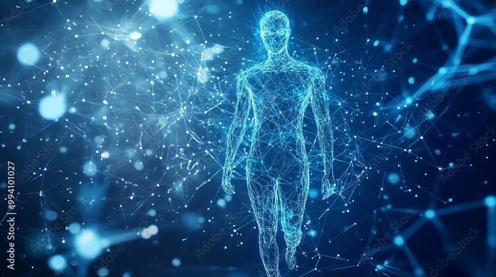 Digital Human Figure in Futuristic Network, Abstract Artificial Intelligence, Technology, Connections, Blue Light, Data, Generated AI Digital Human Figure in Futuristic Network, Abstract Artificial Intelligence, Technology, Connections, Blue Light, Data, Generated AI