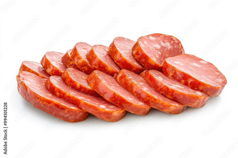 Sliced boiled tasty sausage isolated on white background Sliced boiled tasty sausage isolated on white background
