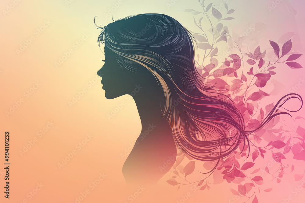 Elegant silhouette of woman with flowing hair surrounded by soft, colorful leaves, creating serene and artistic atmosphere. This design embodies beauty and grace Elegant silhouette of woman with flowing hair surrounded by soft, colorful leaves, creating serene and artistic atmosphere. This design embodies beauty and grace