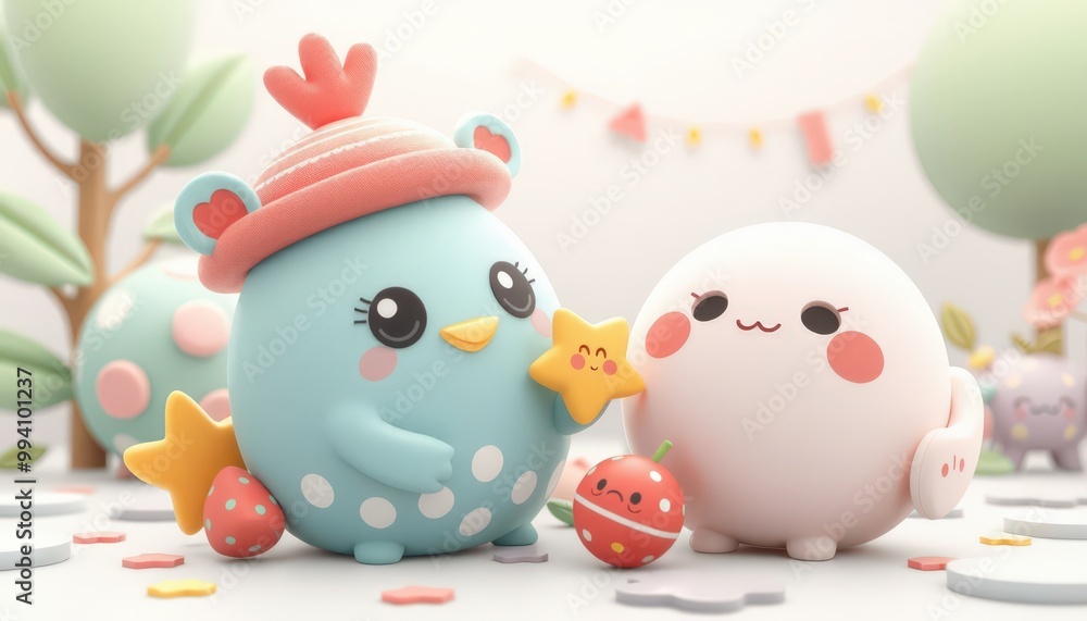 Cute cartoon characters with happy faces in a 3D rendered scene. Cute cartoon characters with happy faces in a 3D rendered scene.