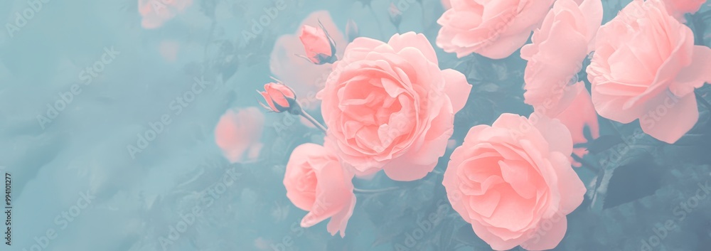 Delicate pink roses in full bloom against a soft blue-gray background. The flowers are captured in ethereal style with gentle focus and muted colors. Generative AI Delicate pink roses in full bloom against a soft blue-gray background. The flowers are captured in ethereal style with gentle focus and muted colors. Generative AI