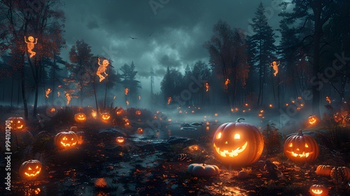 Halloween night, a group of teens telling ghost stories around a campfire, pumpkins glowing, skeletons hanging from trees, ghost decorations floating nearby, firelight casting eerie shadows,