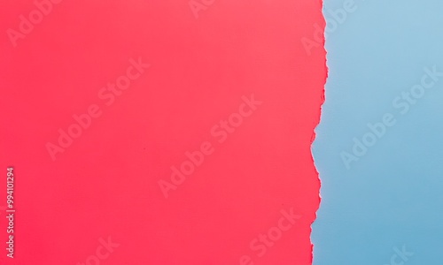 A split background with two contrasting colors separated by a torn edge.  Generative AI  vibrant coral  and a soft light blue contrast. photo