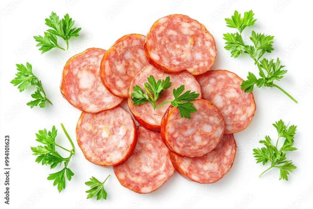 Slices of delicious boiled sausage with parsley on white background top view Slices of delicious boiled sausage with parsley on white background top view