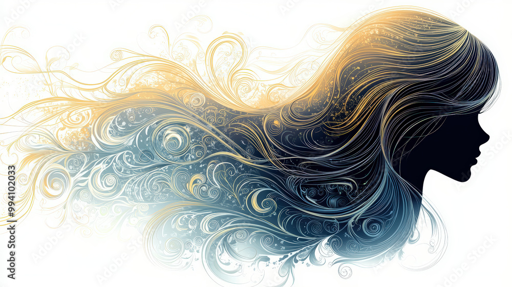 Flowing hair silhouette in an elegant Art Nouveau style, showcasing intricate swirls and patterns that evoke sense of beauty and grace. design captures essence of femininity and artistic expression Flowing hair silhouette in an elegant Art Nouveau style, showcasing intricate swirls and patterns that evoke sense of beauty and grace. design captures essence of femininity and artistic expression