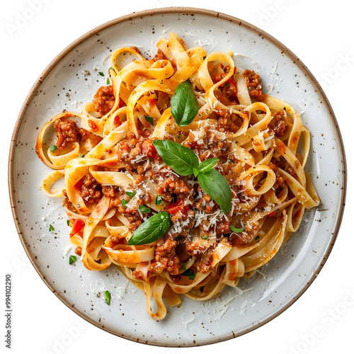 Tagliatelle pasta with Bolognese sauce, parmesan, and fresh basil, isolated on transparent background, perfect for Italian menu designs