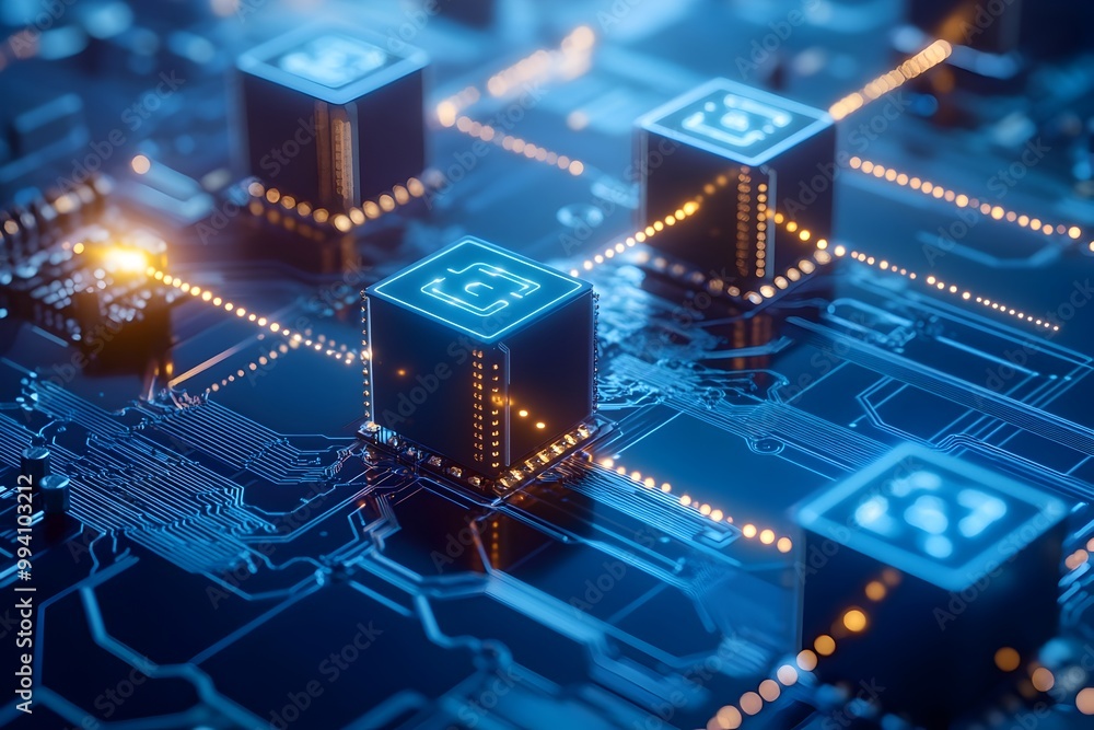 Blockchain Technology Represented by a Network of Connected Blocks on a Circuit Board Advanced Digital System Data Encryption Futuristic Computer Hardware Electronic Components Blockchain Technology Represented by a Network of Connected Blocks on a Circuit Board Advanced Digital System Data Encryption Futuristic Computer Hardware Electronic Components