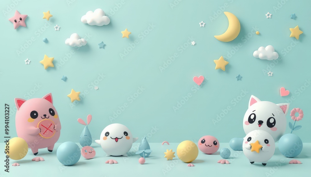 Cute cartoon characters with stars, clouds, and a moon on a blue background. Cute cartoon characters with stars, clouds, and a moon on a blue background.