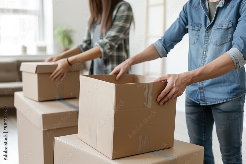Two individuals packing cardboard boxes during a home moving process, preparing for relocation in a cozy and bright living space Two individuals packing cardboard boxes during a home moving process, preparing for relocation in a cozy and bright living space