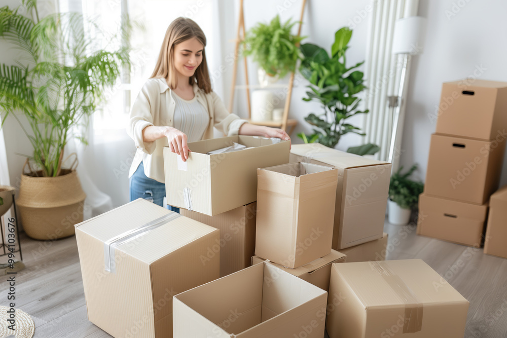Young woman organizing and unpacking moving boxes in a bright living space, settling into a new home surrounded by plants and natural light Young woman organizing and unpacking moving boxes in a bright living space, settling into a new home surrounded by plants and natural light