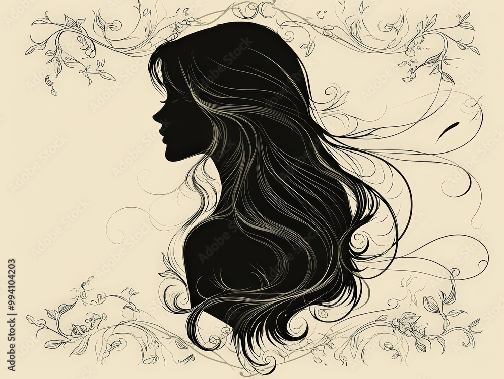 A graceful female silhouette in Art Nouveau style, featuring flowing hair and intricate floral designs. This artwork captures elegance and beauty through its delicate lines and composition A graceful female silhouette in Art Nouveau style, featuring flowing hair and intricate floral designs. This artwork captures elegance and beauty through its delicate lines and composition