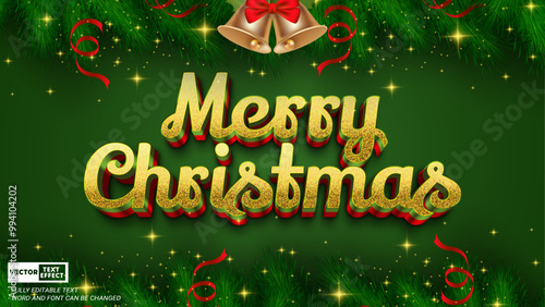 Merry christmas celebration elegant gold style editable 3d text effect with jingle bells and glitter on green background