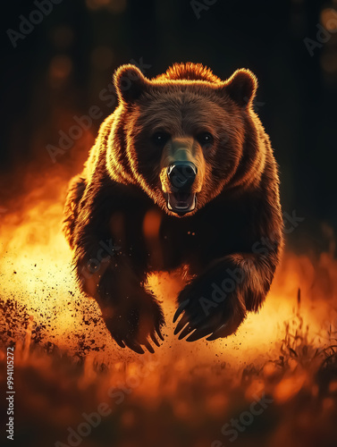 A powerful depiction of a bear running through a warm, vibrant landscape, ideal for wildlife conservation campaigns or outdoor adventure promotions. Design for Wall Art, Poster, Wallpaper & Background photo