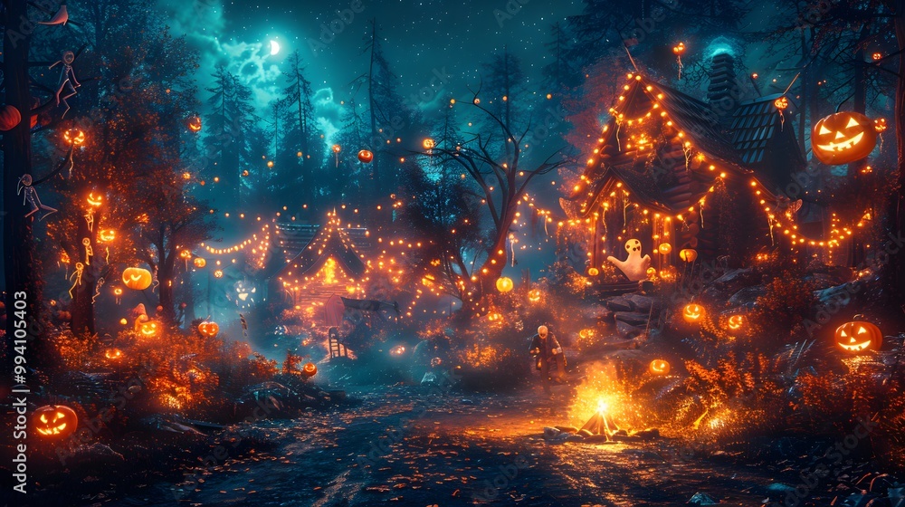 Fototapeta premium Teens gathered around a Halloween-themed campfire, surrounded by glowing pumpkins, ghost decorations, and skeletons hanging from trees, firelight flickering on their faces,