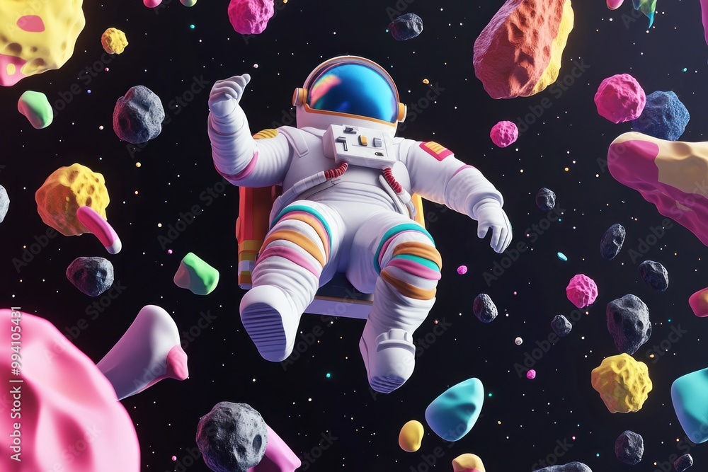 An astronaut floats among colorful asteroids in a vibrant space scene. An astronaut floats among colorful asteroids in a vibrant space scene.