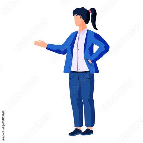Person wearing blue suit and white shirt with one arm extended in gesture while other hand rests on hip. Ideal for business presentations, professional consultation, corporate training, formal
