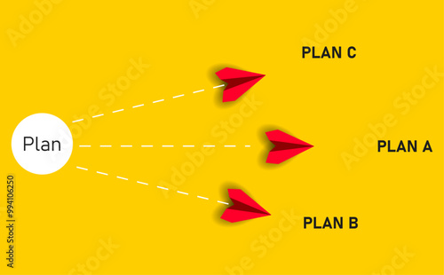 Red planes flying to alternative business plans.Alternative business plans.Business strategy, planning and decision making idea concept.