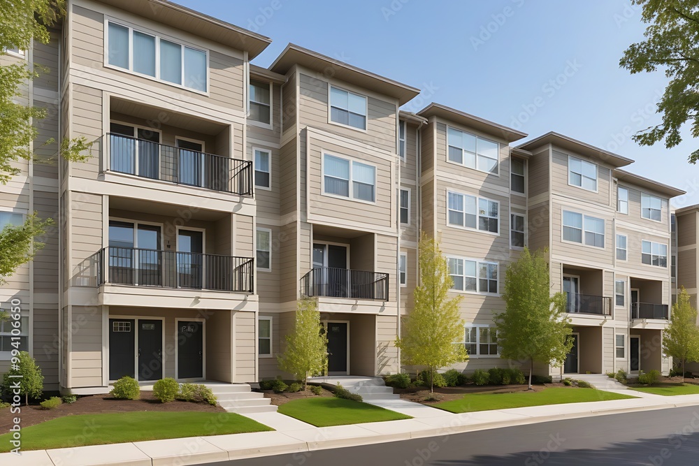 A modern multifamily building with beige Hardie plank siding, featuring balconies, windows, and a textured finish in a suburban neighborhood A modern multifamily building with beige Hardie plank siding, featuring balconies, windows, and a textured finish in a suburban neighborhood