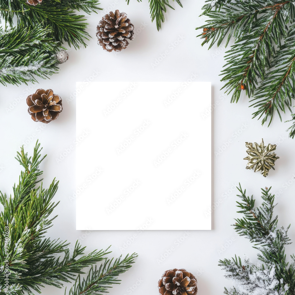 A square blank space is surrounded by pine branches and pine cones, creating a festive arrangement. A square blank space is surrounded by pine branches and pine cones, creating a festive arrangement.
