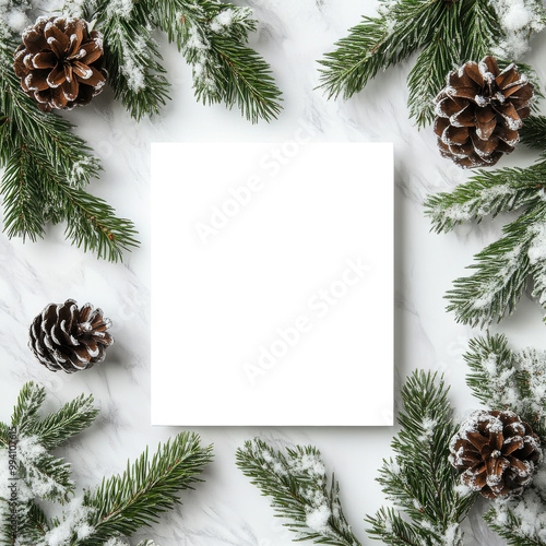 A blank  square framed by green pine branches and pinecones, creating a rustic, wintery aesthetic.