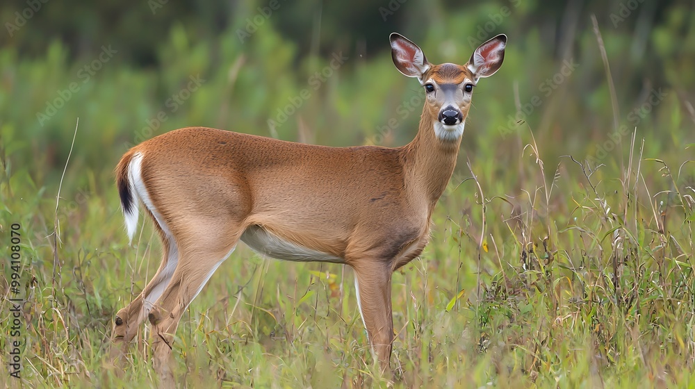 Fototapeta premium A graceful young white-tailed deer stands alert in a lush green meadow.