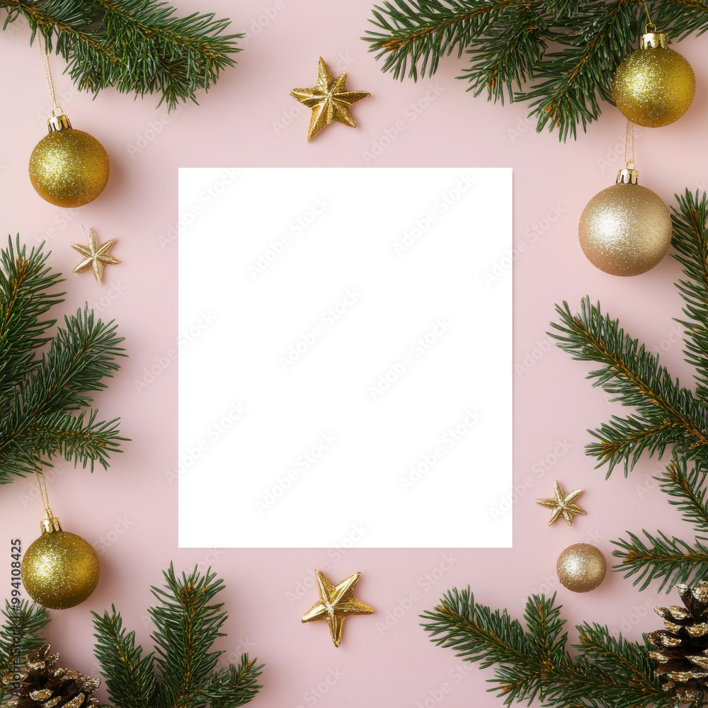 A festive arrangement featuring golden ornaments and evergreen foliage on a pink background, creating a cheerful holiday atmosphere. A festive arrangement featuring golden ornaments and evergreen foliage on a pink background, creating a cheerful holiday atmosphere.