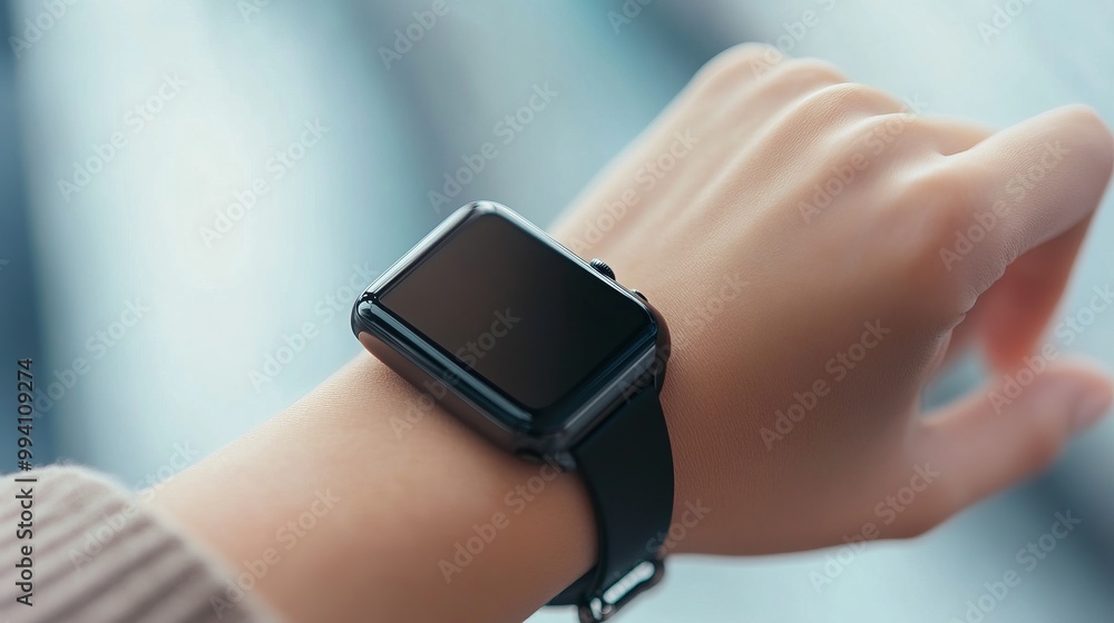 Close-Up of Hand Wearing Smartwatch, Minimalist Wearable Technology Device on Wrist, Modern Digital Gadget, Generated AI Close-Up of Hand Wearing Smartwatch, Minimalist Wearable Technology Device on Wrist, Modern Digital Gadget, Generated AI