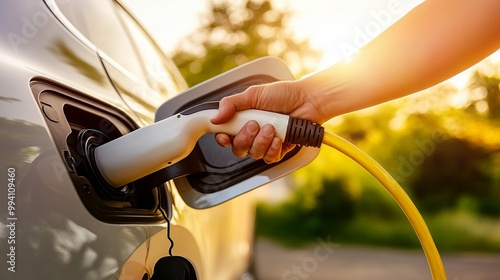 Close-Up of Hand Connecting Charger to Electric Car, Sustainable Green Energy for Electric Vehicles, Clean Transportation, Renewable Energy and Eco-Friendly Transportation, Generated AI
