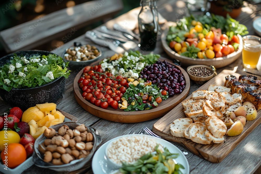 A rustic outdoor picnic scene featuring a variety of vitamin-rich foods like salads, fruits, and whole grains, arranged on a wooden table. Rustic, Natural Lighting, High Detail A rustic outdoor picnic scene featuring a variety of vitamin-rich foods like salads, fruits, and whole grains, arranged on a wooden table. Rustic, Natural Lighting, High Detail