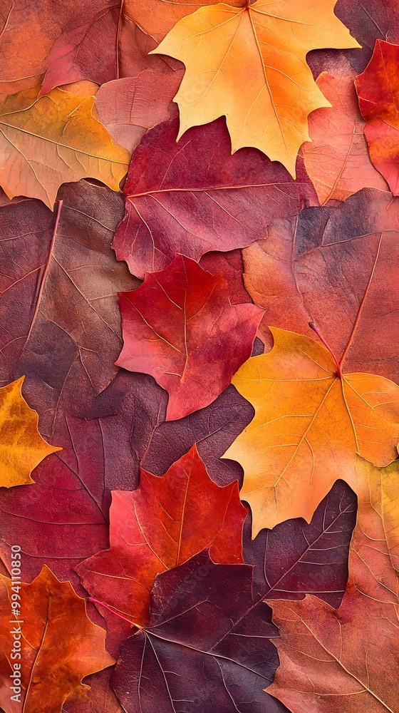 Fototapeta premium A pile of colorful autumn leaves, spread out on the ground, in various shades and shapes of reds, oranges, yellows, and deep browns