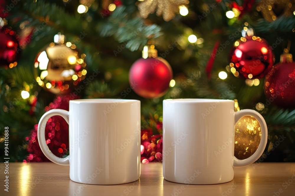 Pair of White Mugs Mockup with Christmas Tree and Ornaments Background Pair of White Mugs Mockup with Christmas Tree and Ornaments Background