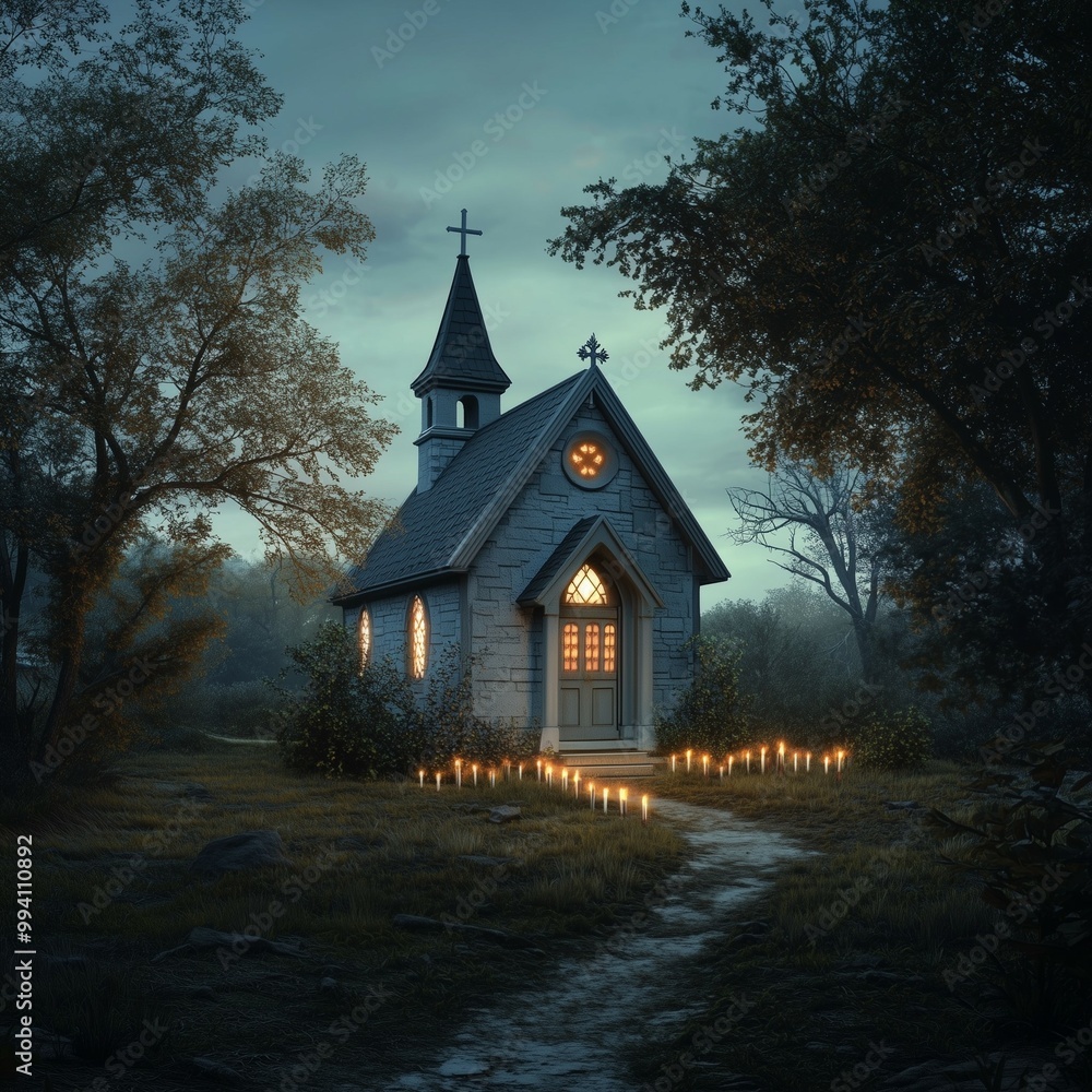 Serene church in a forest at dusk, illuminated by glowing candles along the path, peaceful and quiet evening scene