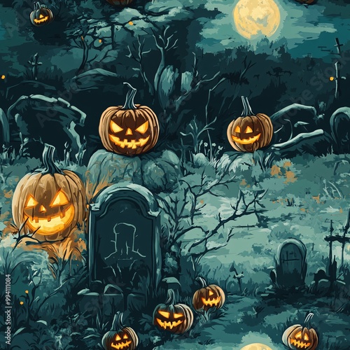 Spooky Halloween Pumpkin Landscape at Night seamless pattern