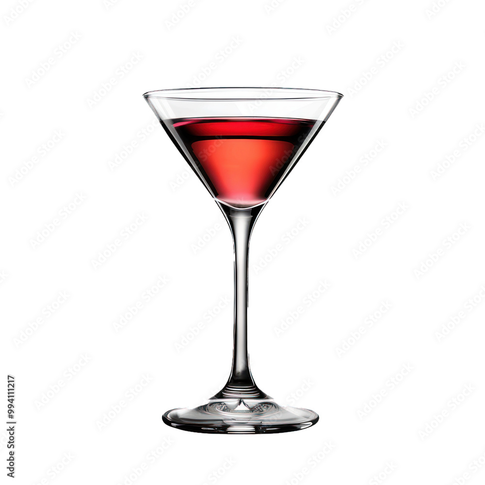 Classic cocktail glass containing a red alcoholic drink, standing on a white background Classic cocktail glass containing a red alcoholic drink, standing on a white background