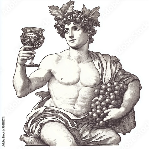 Mythological figure holding a goblet and grapes, symbolizing wine, harvest, and classical festivity