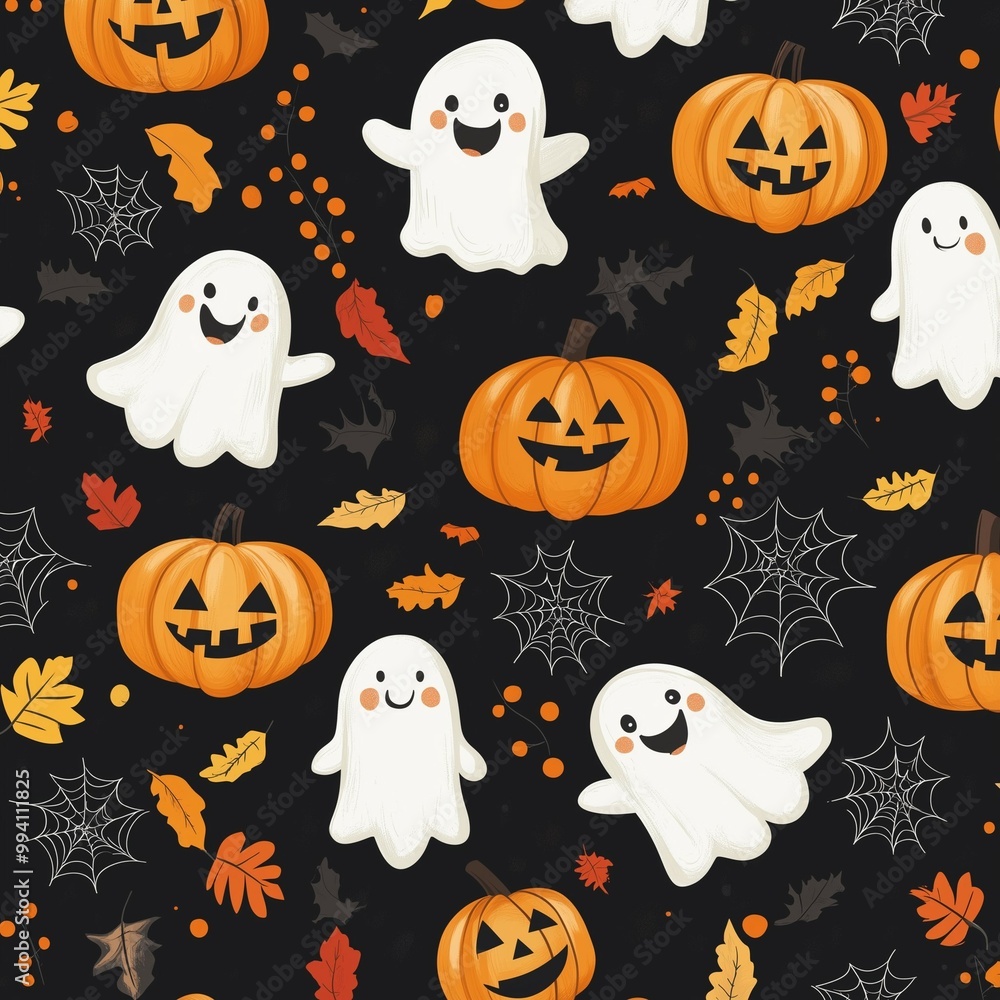 Halloween pattern with smiling ghosts, jack-o'-lanterns, spider webs, and autumn leaves on a black background Halloween pattern with smiling ghosts, jack-o'-lanterns, spider webs, and autumn leaves on a black background