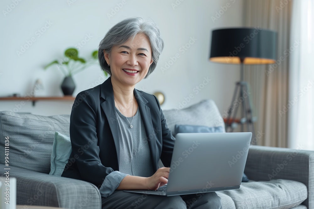 Confident senior asian woman working remotely on a laptop while sitting comfortably on the couch at home, embracing technology with a positive attitude Confident senior asian woman working remotely on a laptop while sitting comfortably on the couch at home, embracing technology with a positive attitude