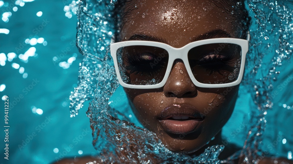 Fototapeta premium White goggles, person amidst vibrant water splashes, swimmer
