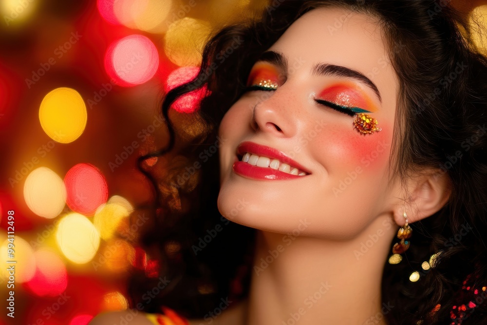 Radiant smile colorful makeup with festive bokeh background Radiant smile colorful makeup with festive bokeh background
