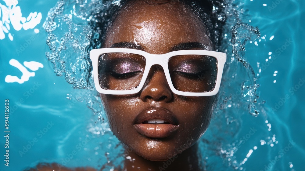 Fototapeta premium Person underwater with splashes and white goggles on