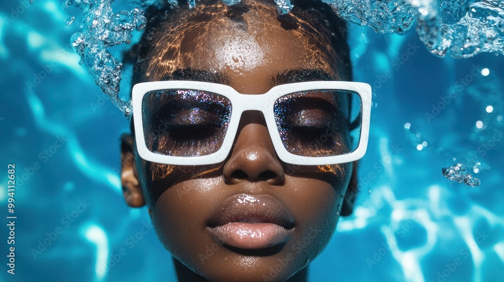 Fototapeta premium Person swimming underwater with white goggles focused closely