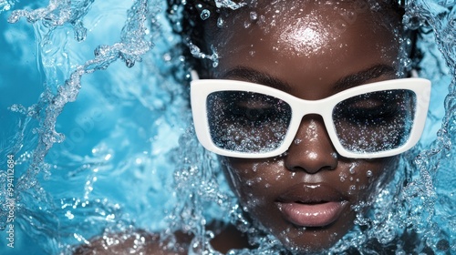 Close-up shot of person in water with white goggles on