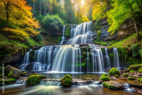 Cascading waterfall illuminated by sunlight in forest